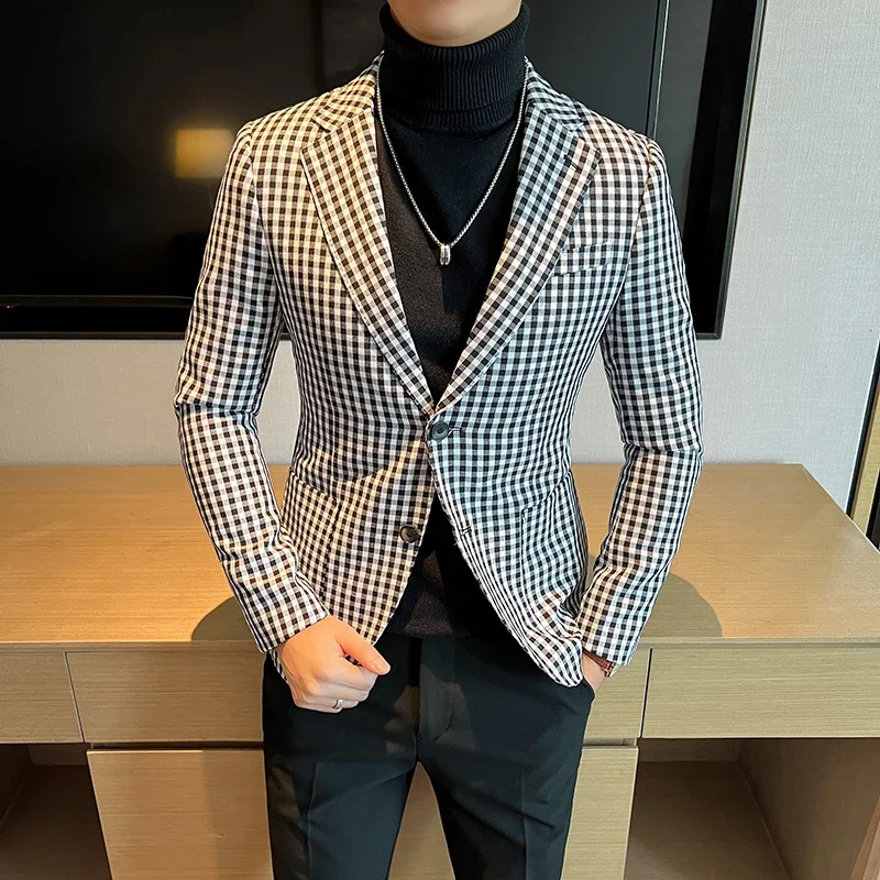 

2025 High-quality New Network Red Check Fashion Handsome Casual Suit Personality Trend Slim-fit Thousand Birds Extra Set
