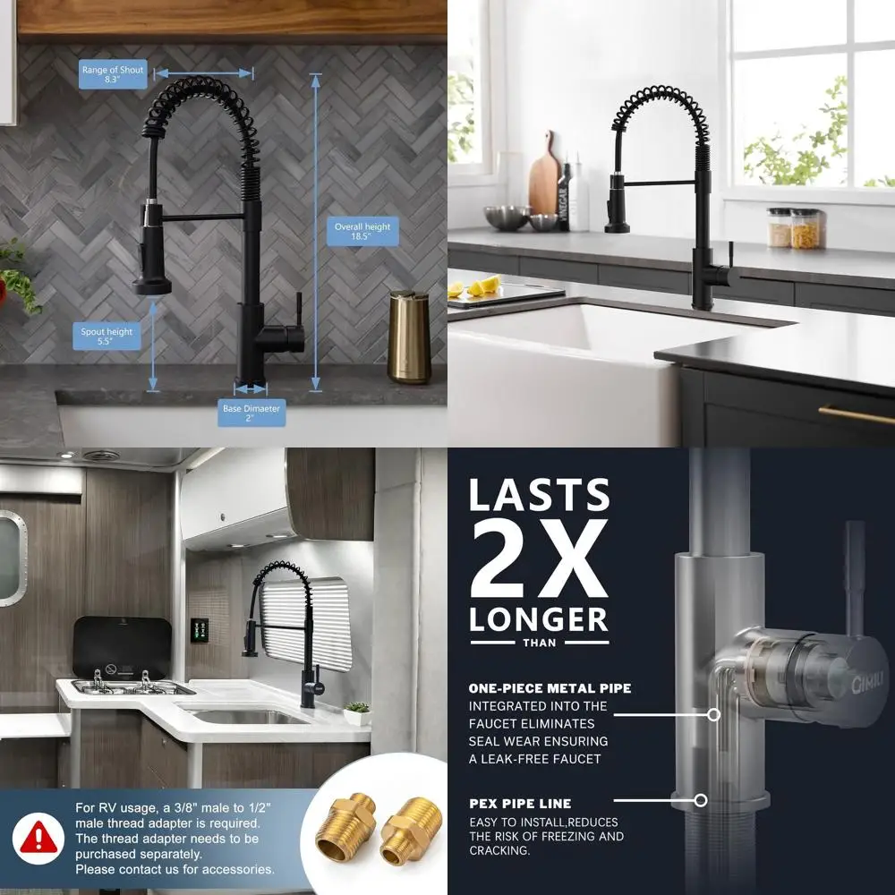 

Single Hole Pull-Down Spray Kitchen Faucet with Spring, Ideal for Farmhouse, RV, Outdoor, and Camping