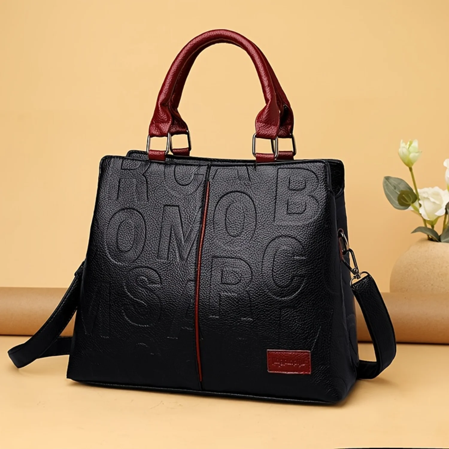 

Embossed Letter Handbag - Faux Leather Shoulder Bag, Double Handles (8.4*8.6*3.5)