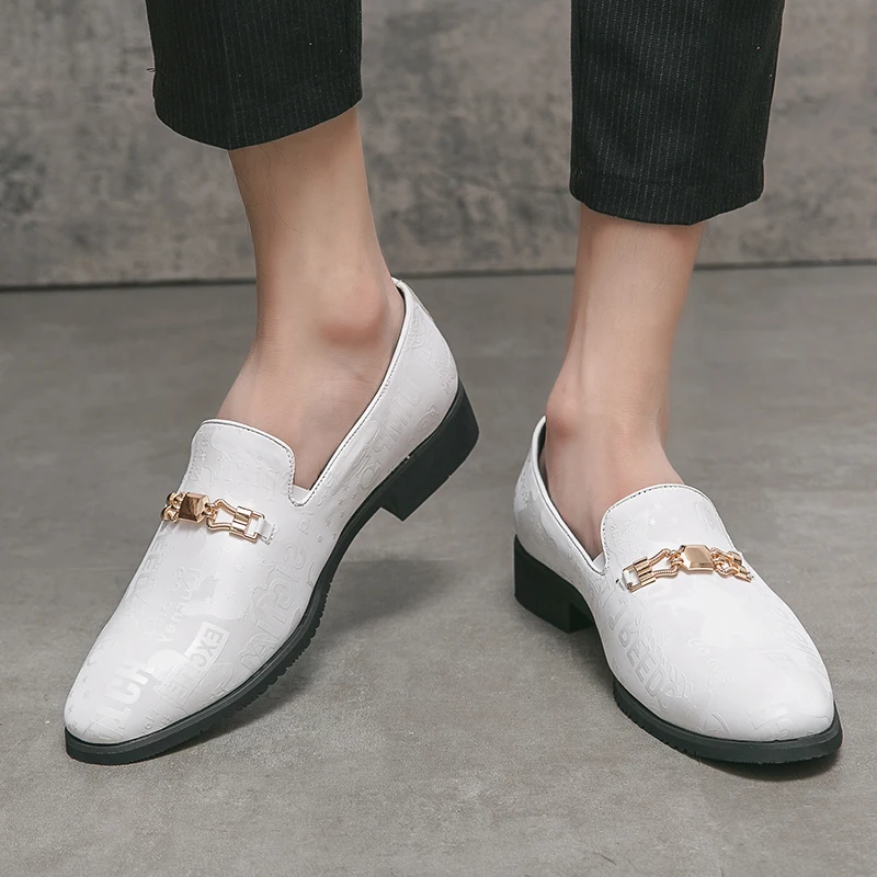 White Mens Casual Loafers Driving Moccasin Fashion Male Comfortable Business Formal Spring Leather Men Lazy Metal Dress Shoes