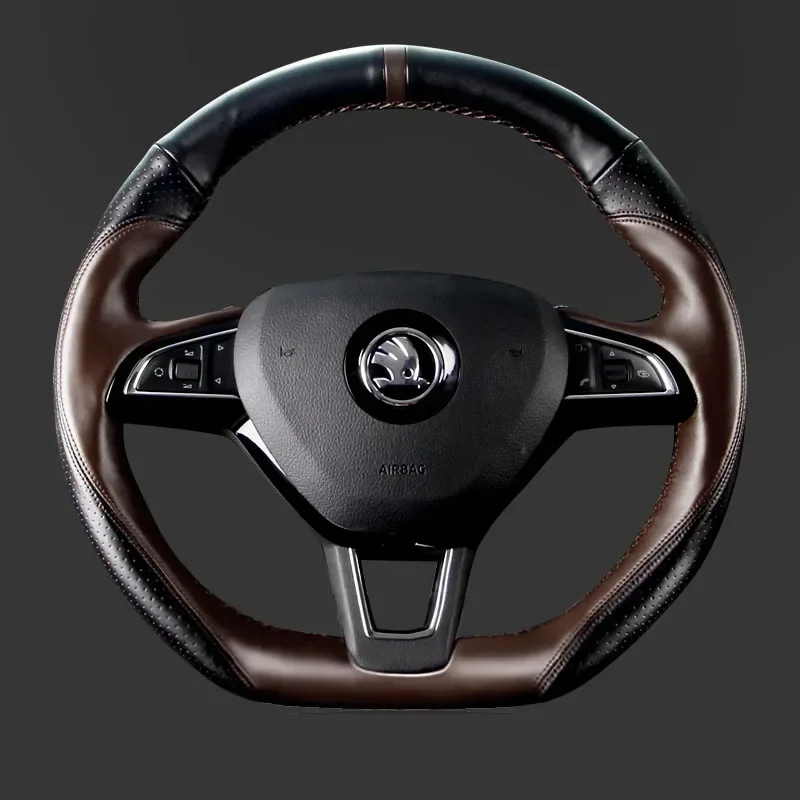 Customized Hand Sewing Braid Car Steering Wheel Cover for Skoda Superb Rapid Genuine Leather Car Interior Accessories Black