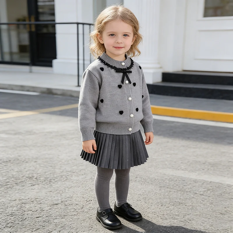 2026 New Spring Children Knitted Clothes Suit 2-6Yrs Baby Girls Clothing Set Long Sleeved Knitted Cardigan Coat+Short Skirt