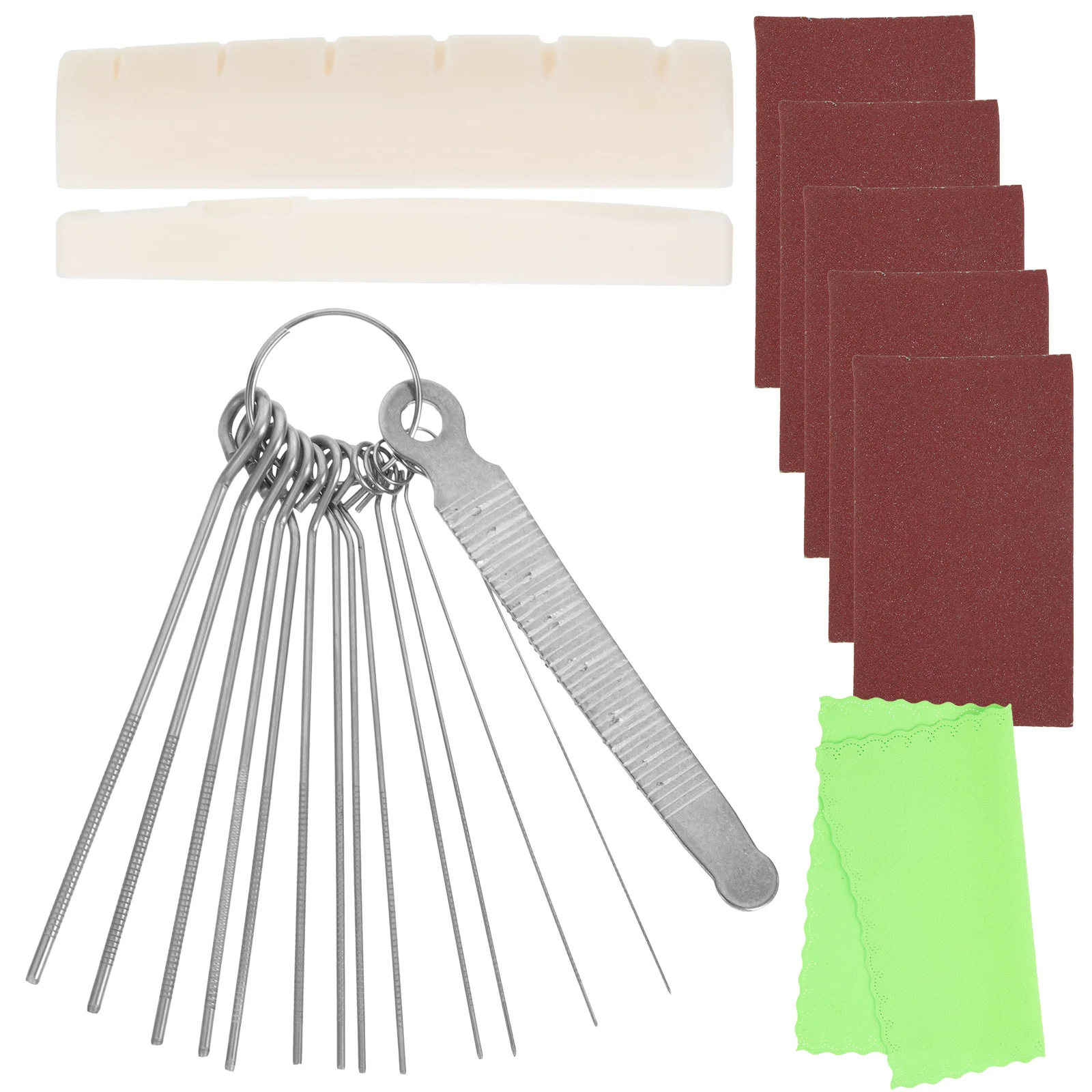 

1 set 1 Set Guitar Repair Kit Stainless Steel Nut Saddle File 2 Grit Sandpapers Ox Bone Bridge Saddle Cleaning Cloth Guitar