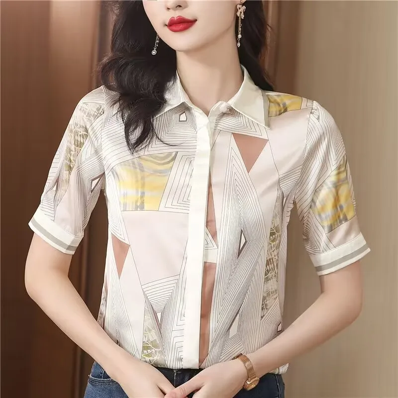 

Clothing Fashion Silk Shirt For Women Summer New High-End Striped Print Short Sleeve Turn-Down Collar Versatile T