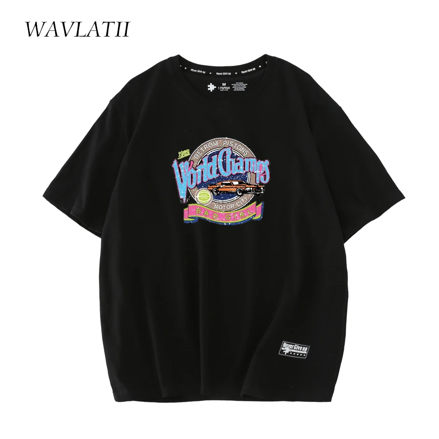 WAVLATII New Women Fashion Printed T Shirts Purple Cotton Casual Short Sleeve Tees for Female Streetwear Summer Tops WT2229