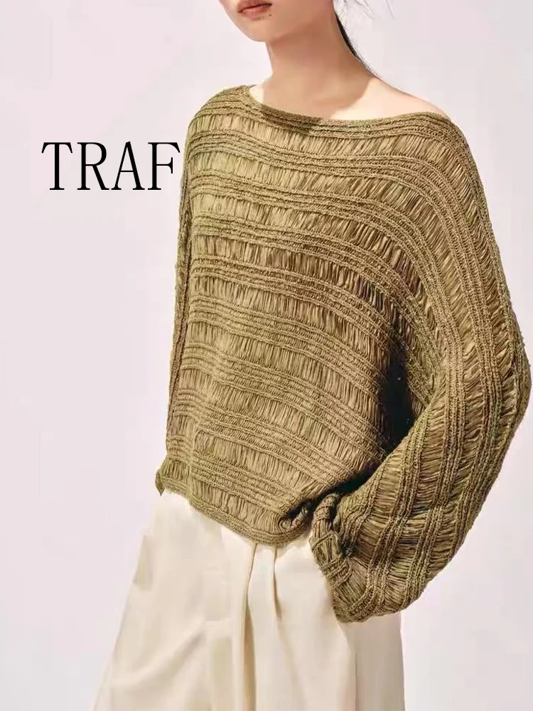 

TRAF осенняя новая модная женская одежда в европейском и американском стиле с вырезом из ленты, свободный вязаный свитер с длинными рукавами