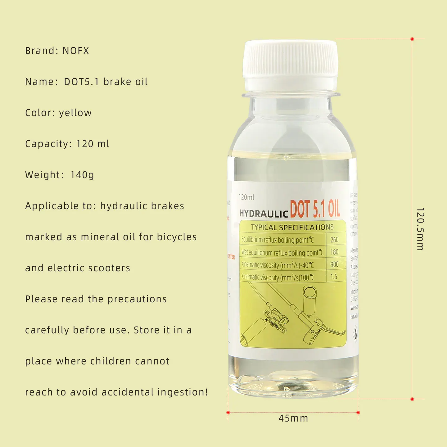 NFOX الزيوت المعدنية DOT 5.1 السائل 120 مللي/4.2 أوقية متوافق مع نظام الفرامل الهيدروليكية صيانة ل دراجة الطريق الجبلية سكوتر كهربائي