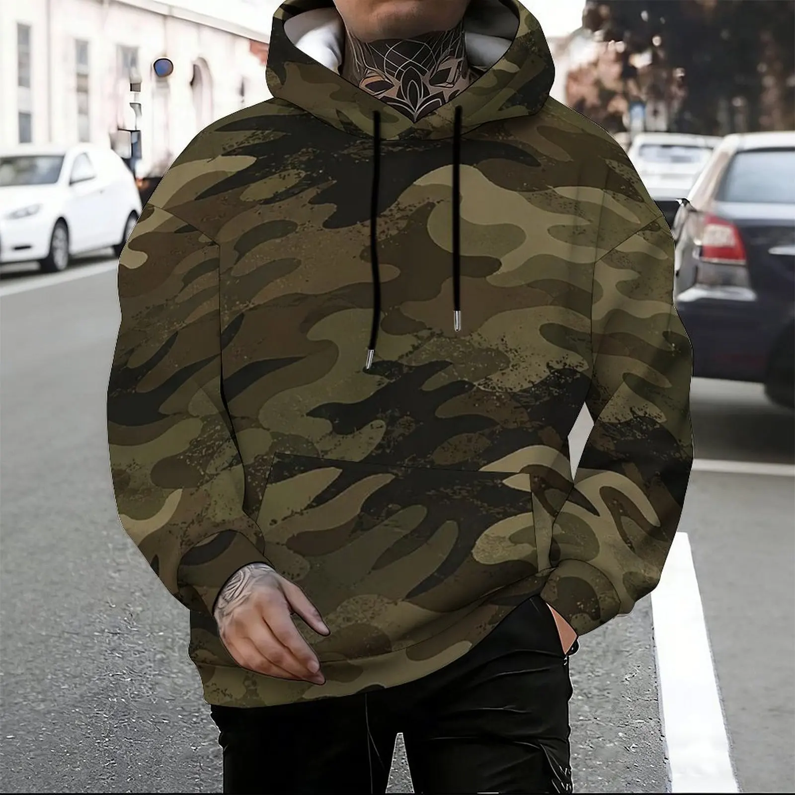Men Allover Camouflage Printed Long Sleeve Pullover Hoodie with Drawstring Hood Kangaroo Pocket
