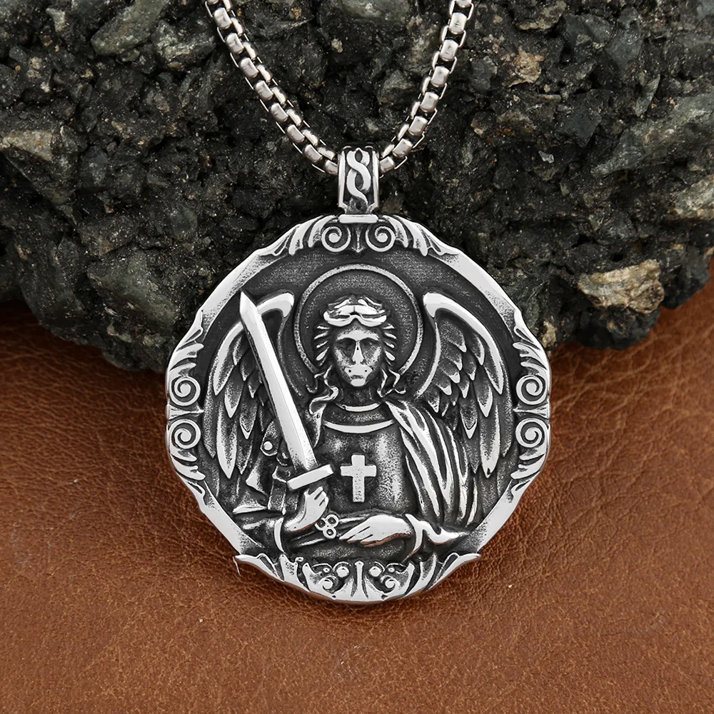 Vintage Style Angel St.Michael Cross Wing Pendant Stainless Steel Archangel Guardian Necklace Amulet for Women Jewelry Wholesale