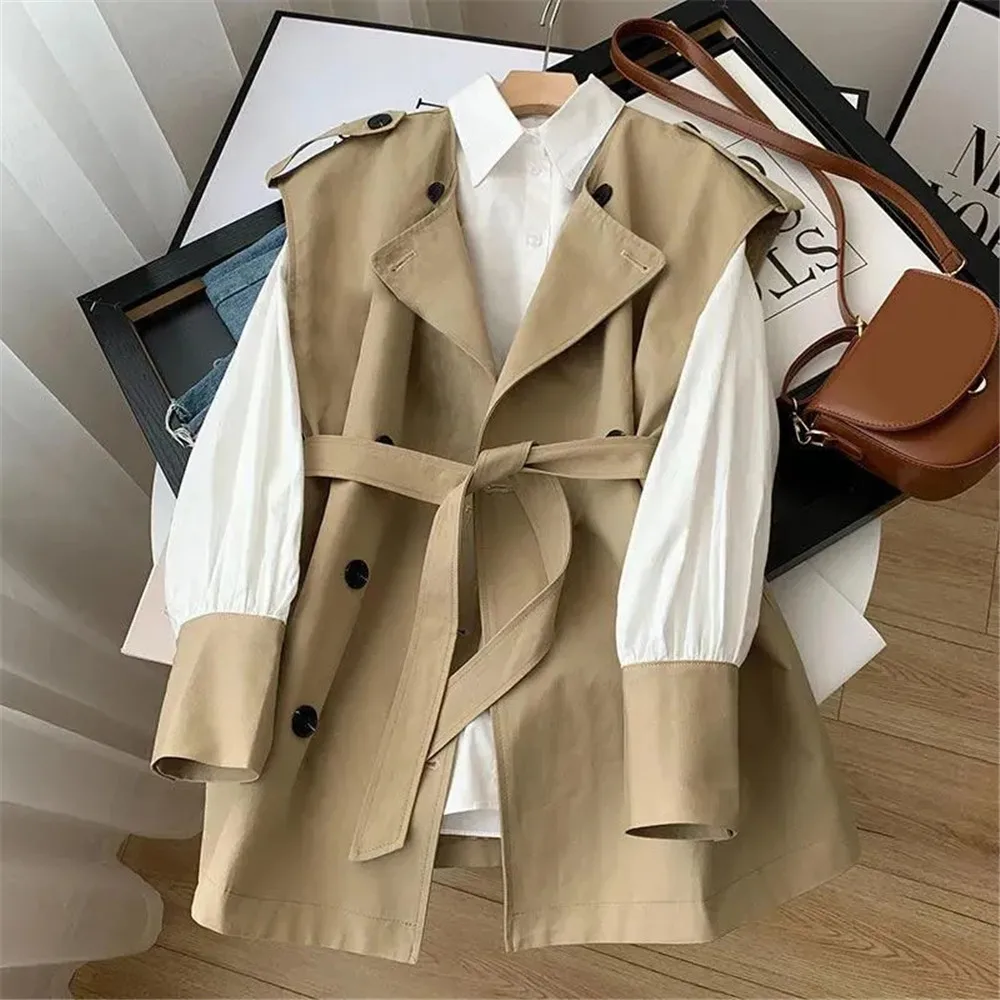 Office Ladies Temperament Top 2pcs Sets Tie Waist Trench Coat Vest +White Shirt Stitching Sleeves Women Korean Fashion Suit 2022