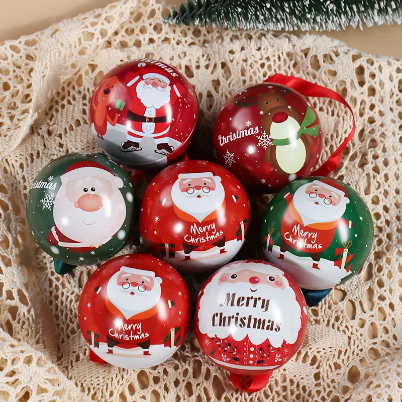 Creative Christmas Candy Box Tin Round Ball Shaped for Kids Gift Packaging Box DIY Xmas Tree Hanging Decoration Party Supplies