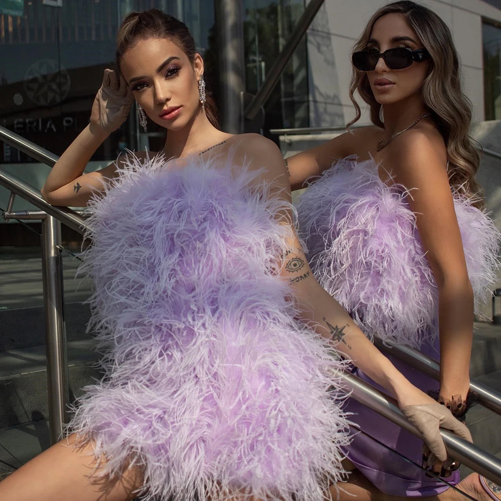 Jxwatcher Elegant นกกระจอกเทศ Feather มินิค็อกเทลฤดูร้อนเซ็กซี่ชุดราตรีสั้นงานแต่งงานวันเกิด Party Gowns 2025