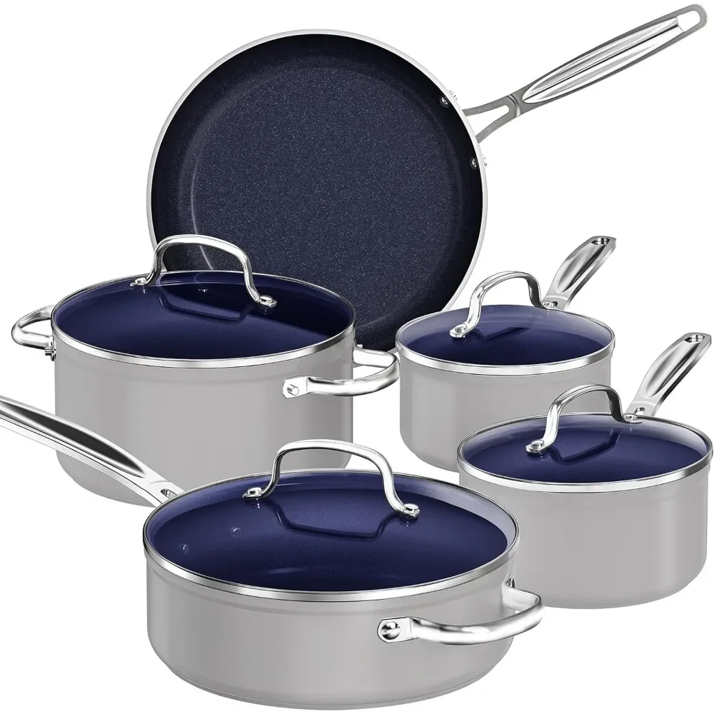 9pc Cookware Set Healthy Duralon Blue Ceramic Nonstick Coated, Diamond Infused Scratch-Resistant, PFAS Free,