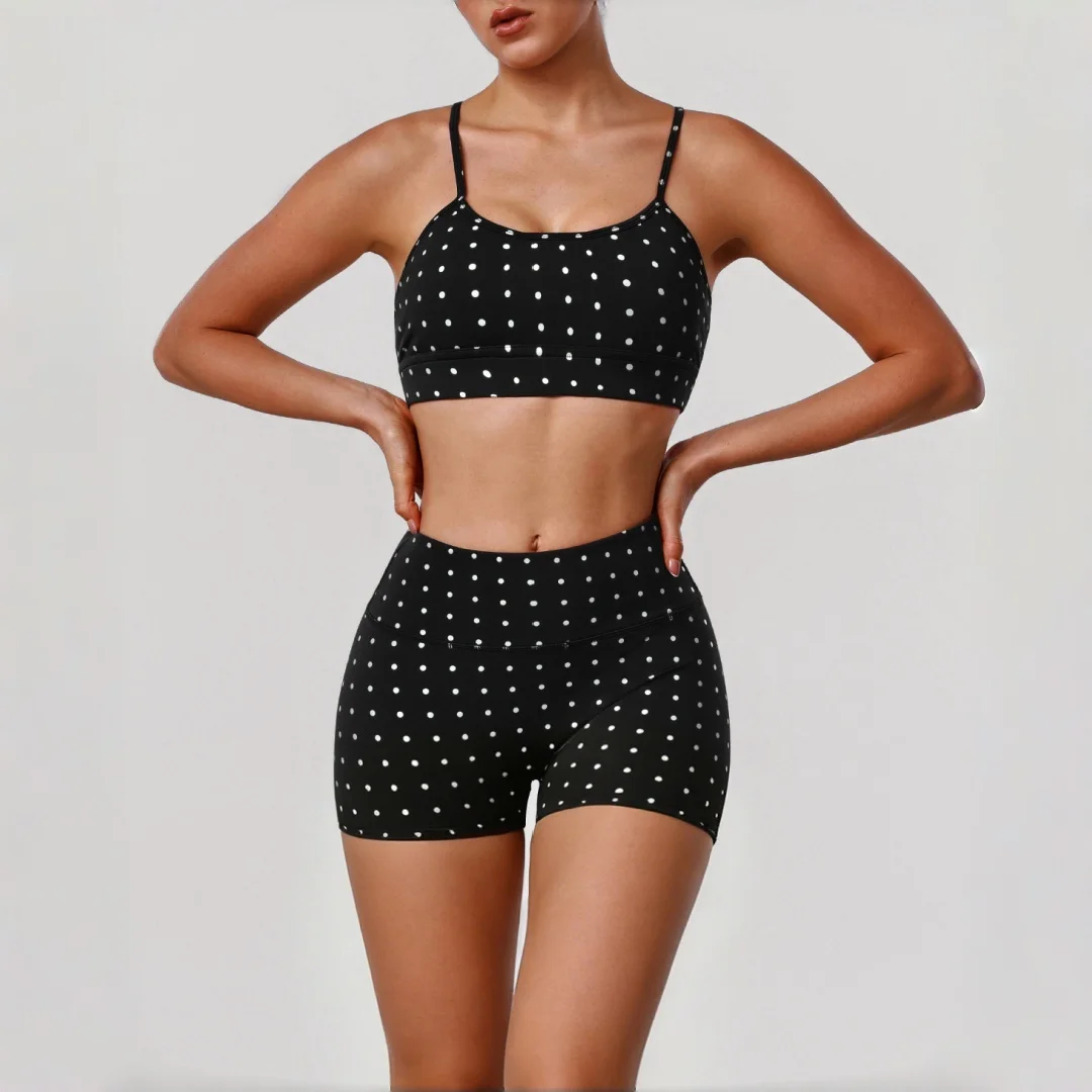 New Women's Yoga Set Peach Hip Silver Polka Dot Gather Bra  Sports Shorts Yoga Set Pilates Running Workout Gym Yoga Fitness Suit