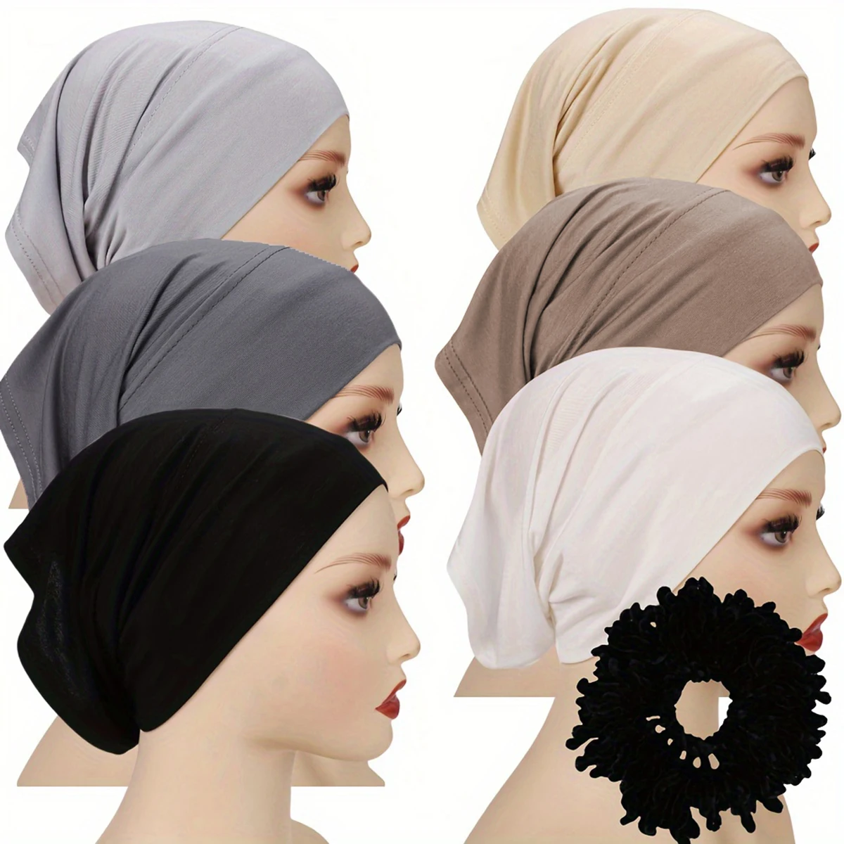 6/Pcs Modal Inner Caps Hijab And 1/Pcs Hairband Set Muslim Instant Hijabs Scarf Shawls Elastic Jersey Bonnet Islam Turban
