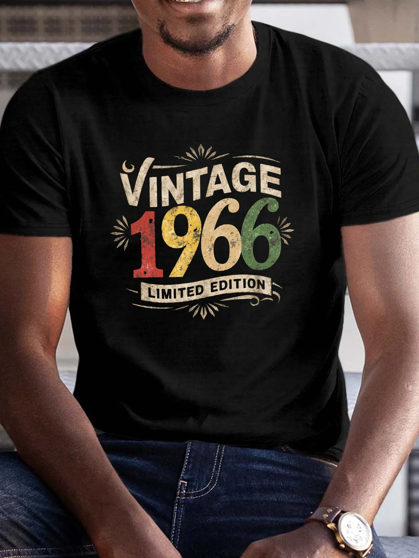 Men's Plus-Size Vintage 1966 Graphic T-Shirt, Casual Crew Neck Knit T-Shirt with Geometric Patterns, Summer Limited Edition Short-Sleeve Top - Slightly Stretchy, Fitted Style