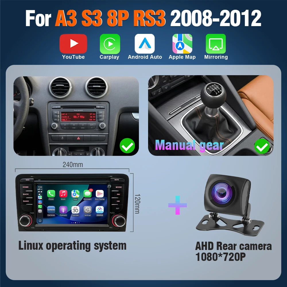 AUTOTOP 7" YouTube draadloze CarPlay Android Auto multimediascherm voor Audi A3 8P 2003-2011 S3 RS3 Sportback autoradio