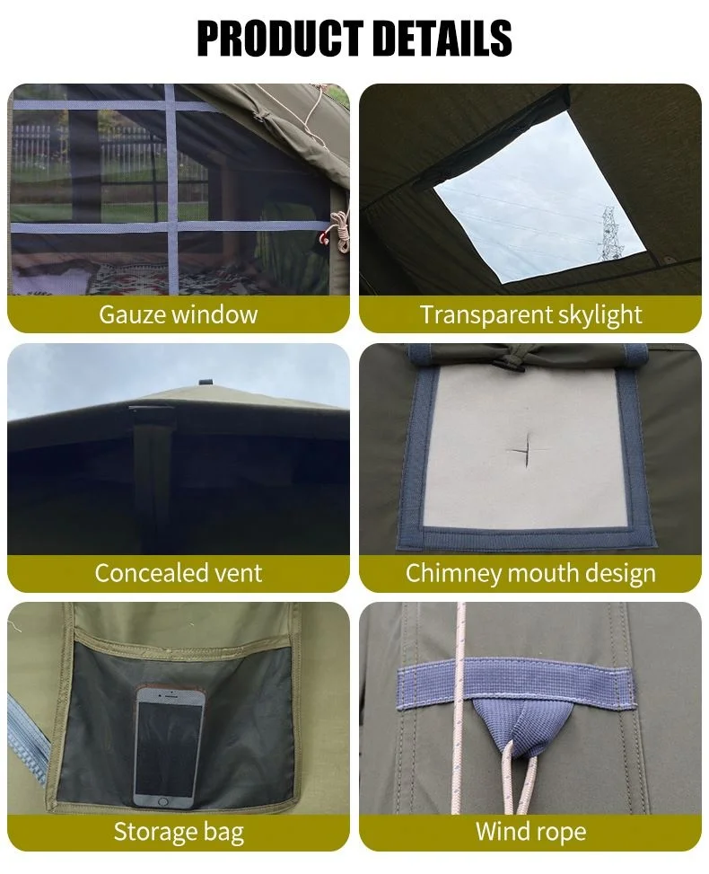 Luxury 3-4 Season Large Air Tent Family Glamping Tent Waterproof TC Cotton Fabric for Outdoor Camping 3.1x2x2m 6.3 Square Meters