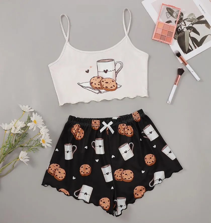   Ensemble pyjama décontracté pour femmes, vêtements de maison, écharpe imprimée, vêtements confortables, idéal pour l'été