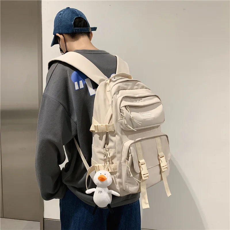 Solid color multi-pocket schoolbag female high school students backpack light color large capacity ins backpack male mochilas