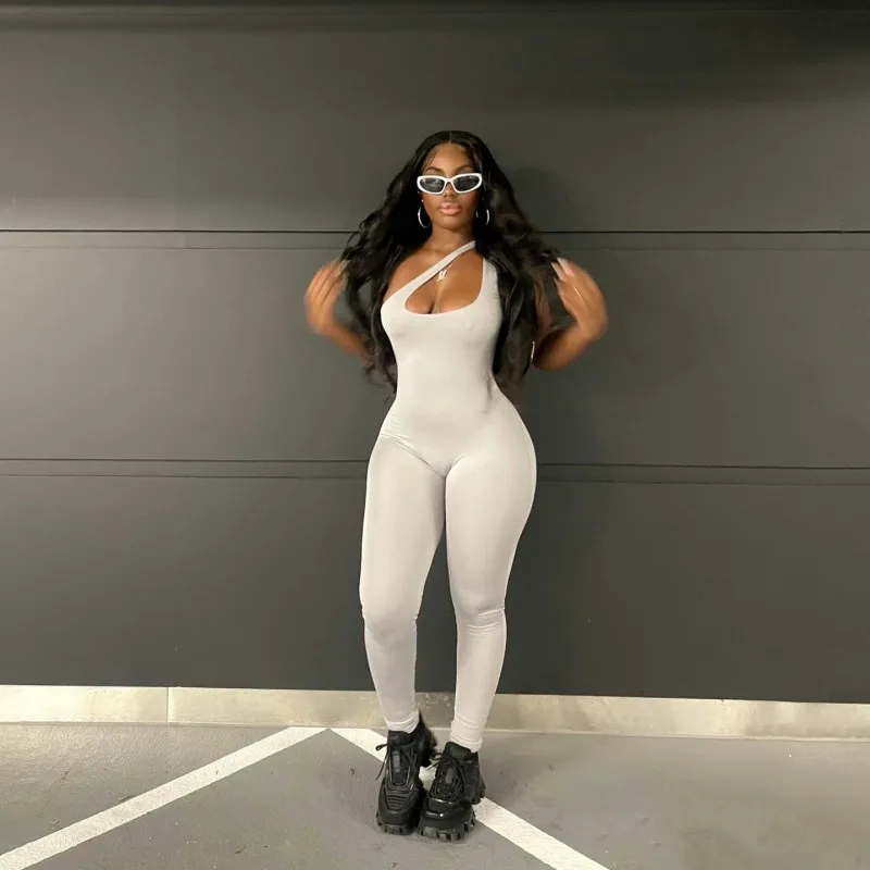 

Oshfall Women Sexy Diagonal Collar Sleeveless Backless Jumpsuit Summer Solid Color Sports Jumpsuit Midnight Party Club Clothing