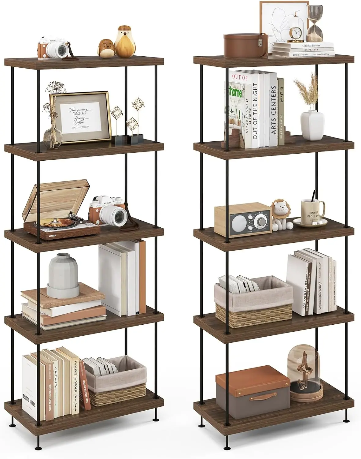 

Freestanding Metal Frame Bookcase 5-Tier Open-Back Display Rack Industrial Style Storage Shelves for Home Living Room