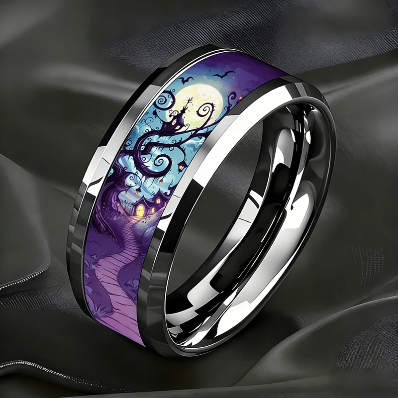 Huitan Purple Moon Night Castle Bat Pattern Print Halloween Ring for Women Men 304 Stainless Steel Holiday Party Jewelry Gift