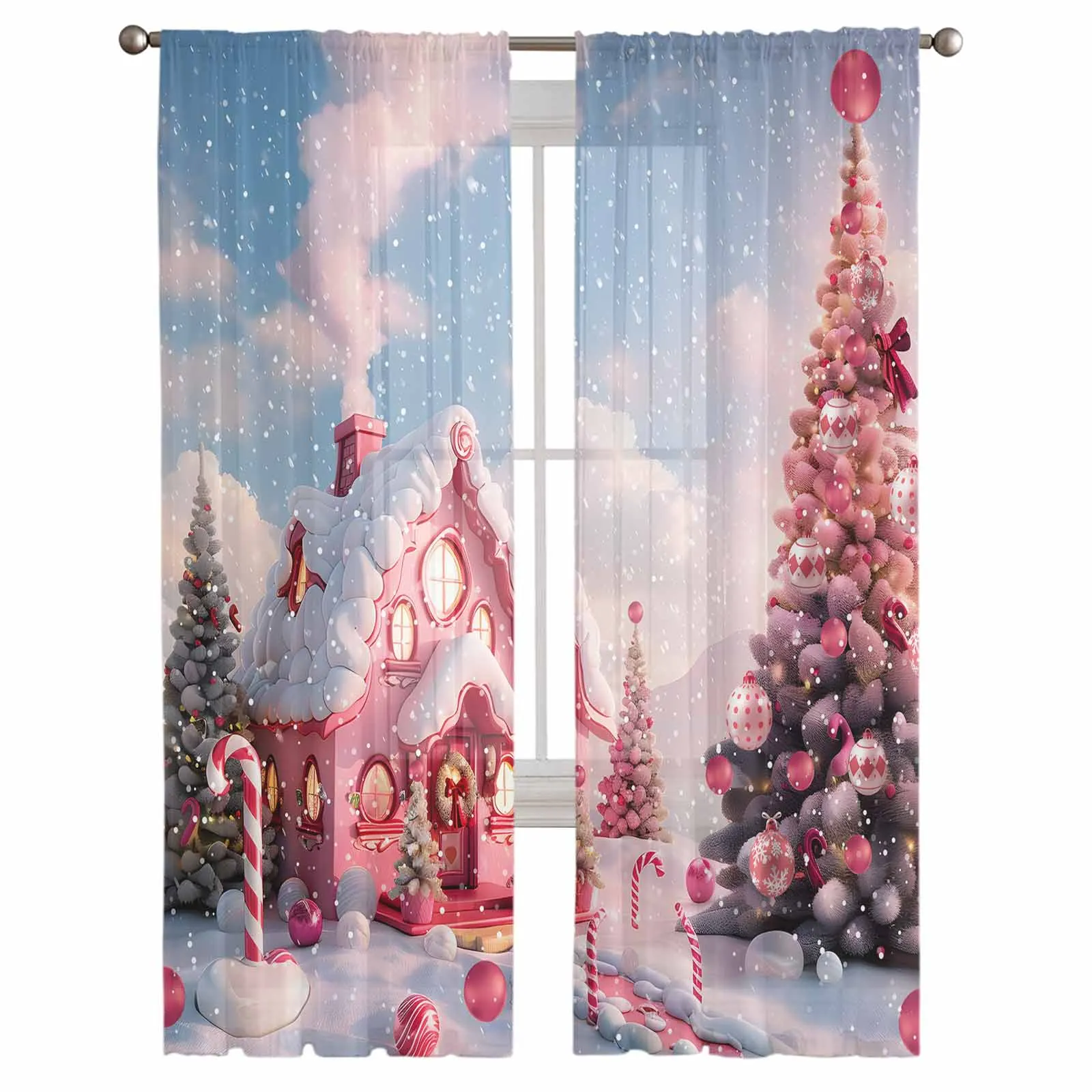 Christmas Candy House Snow View Tulle Curtains for Living Room Decoration Modern Chiffon Sheer Voile Christmas Curtains