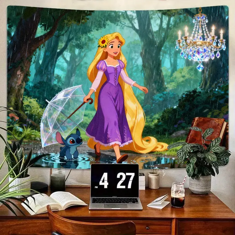 

1 шт. гобелен Disney Рапунцель и Стич, настенное искусство «Волшебный дождливый лес», декор комнаты принцессы из полиэстера для детей и девочек, подарок