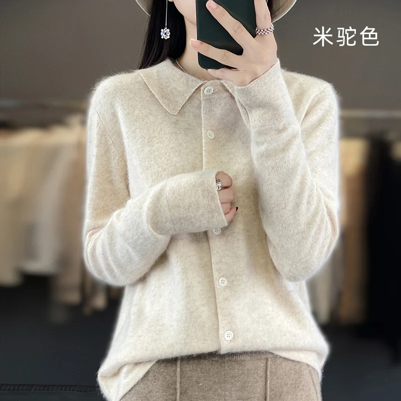 Women\'s POLO Neck 100% Mink Cashmere Cardigan Winter New Long Sleeved Solid Color Jumper Button Lape Mink Cashmere Knit Jacket