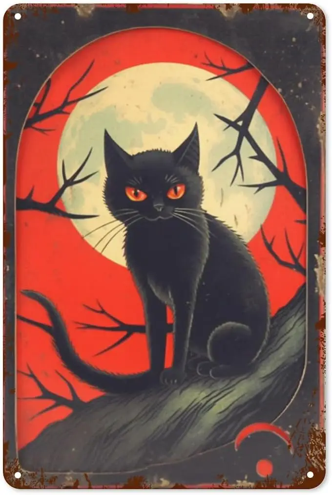 Retro Schwarze Katze Metall-Blechschild Vintage Halloween Wanddekoration für Zuhause Badezimmer Schlafzimmer Cafés Bars Pubs Club Küche Garage Dekoration