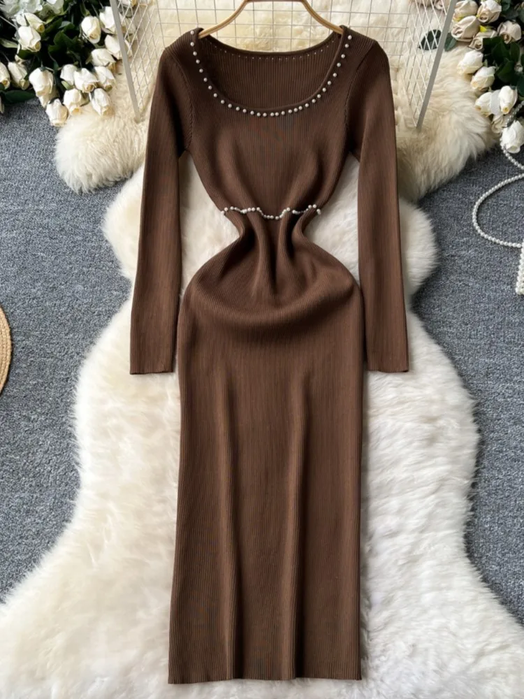 Sexy Vrouwen Bodycon Casual Effen Slanke Lange Jurk Elegante Vierkante Kraag Geborduurde Fakkels Feest Prom Slanke Jurken Vrouwelijke Kleding