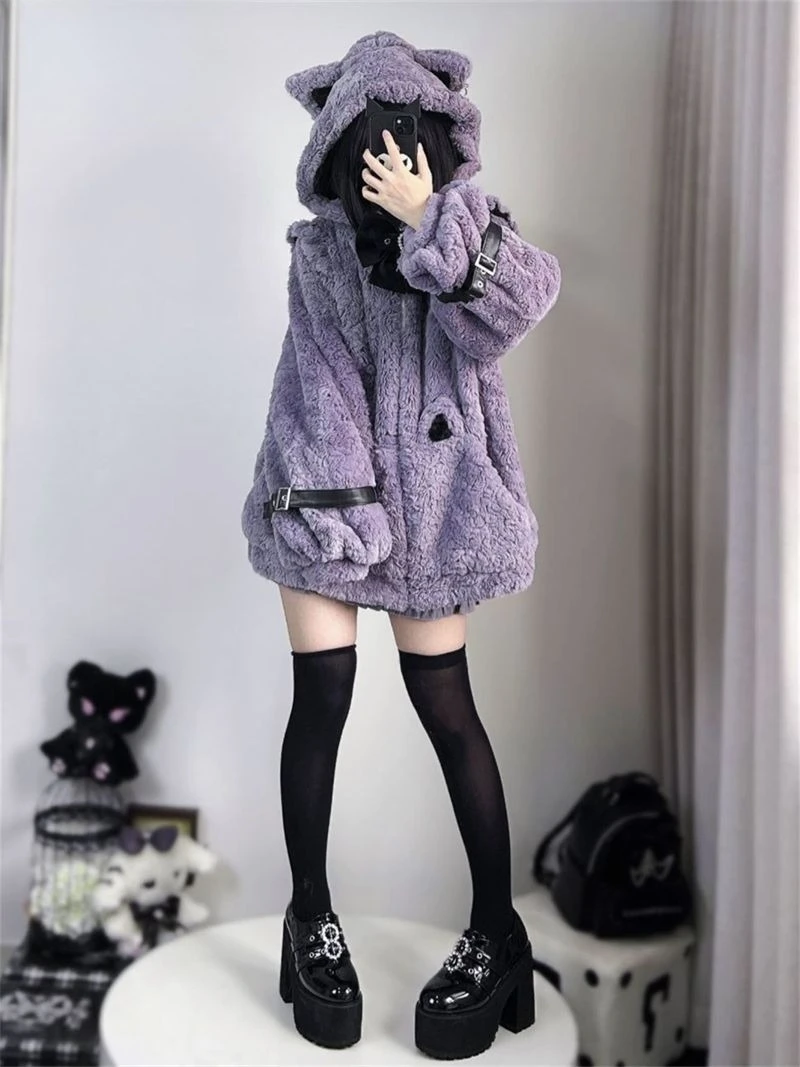 

Autumn Winter Clothing Japanese Women Jackets 2026 Ropa Mujer Fashion Furry Outwear Oversized Tops Thicked Hooded Warm Coats