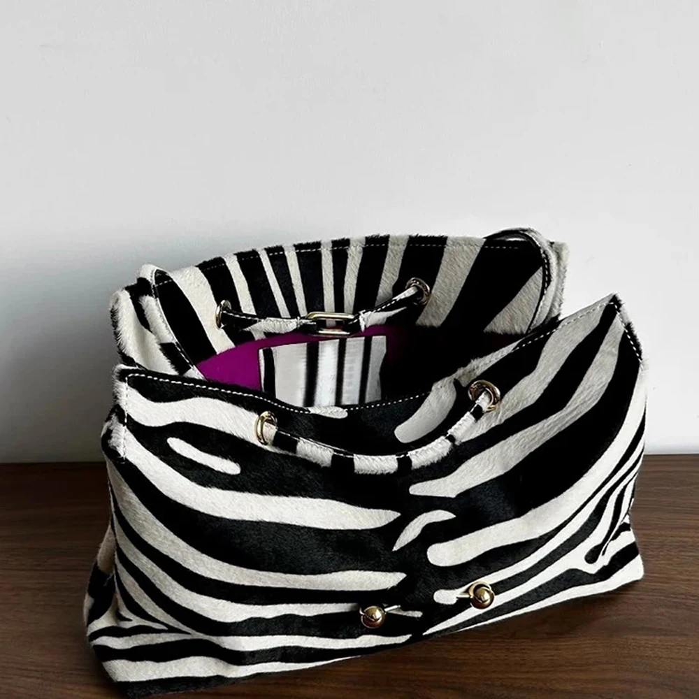 SHELKSBAG New Zebra Print Vintage Tote Bag Women Large Capacity Soft Top Handle Handbag Gold Ball Snap Underarm Shoulder Bag