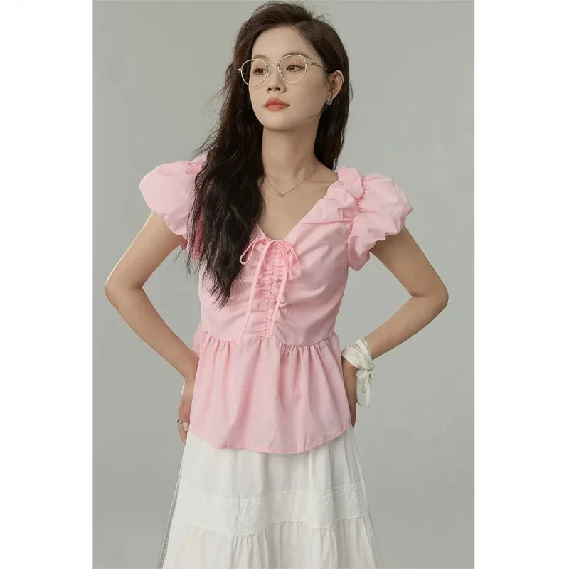

Women V Neck Ruffle Puff Sleeve Blouse Solid Pink Drawstring Ruched Peplum Sweet Casual Summer Short Sleeve Shirt