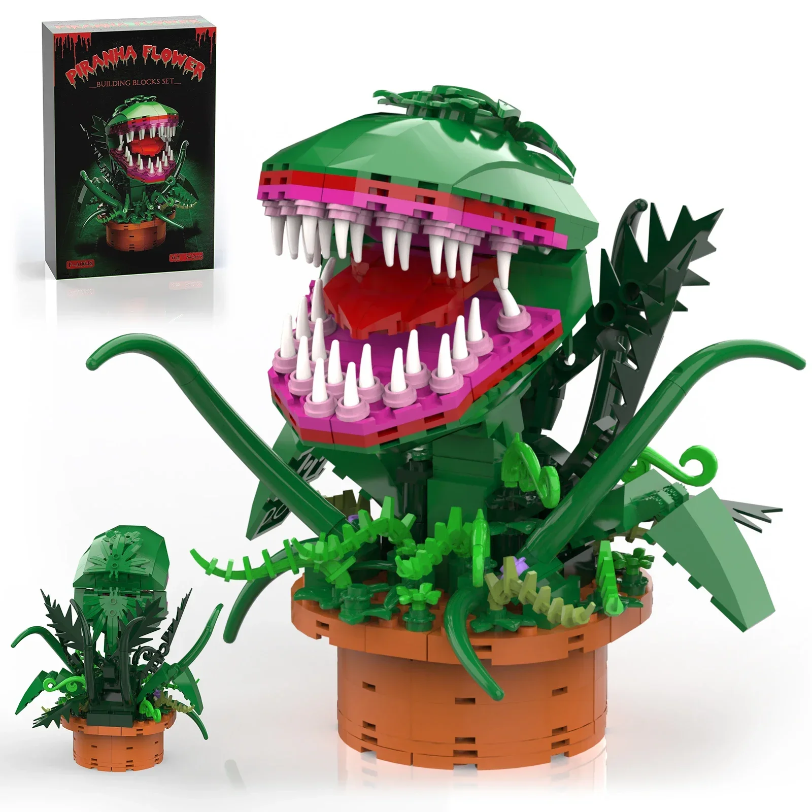 Audrey 2 Piranha-Pflanzensteine, kompatibel mit Lego, Little Shop of Horrors, Blumen-Bausteine, Geschenk für Halloween, Weihnachten