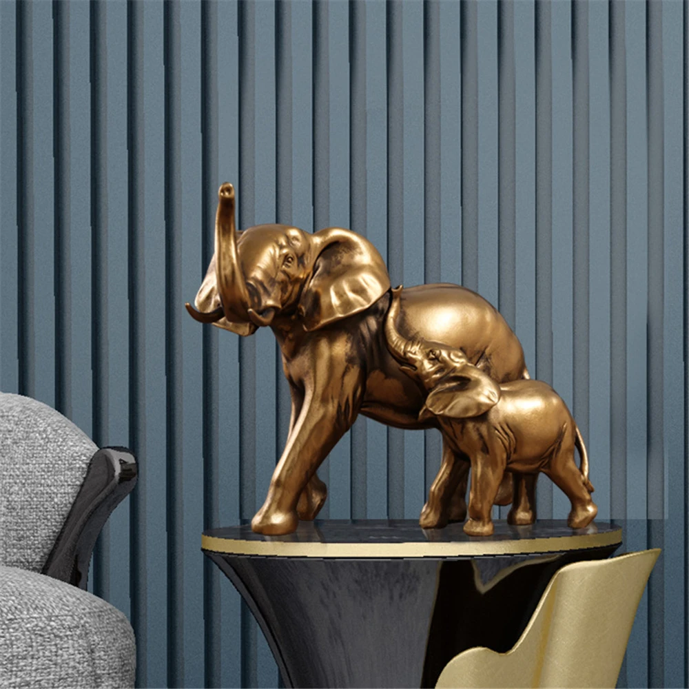 Mother-child Elephant Art Decor 2pcs Lucky Elephant Sculpture Craft Figurine Home Living Room TV Wine Cabinet Desktop Decoration