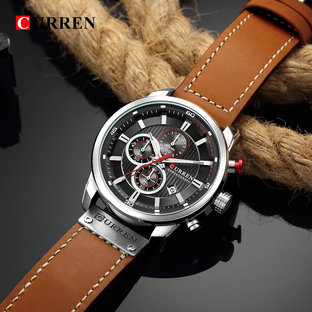 CURREN 8291 Herren-Quarz-Chronographenuhr, lässige Leder-Militär-Sport-Mode-Gentleman-Armbanduhr – Detail 12