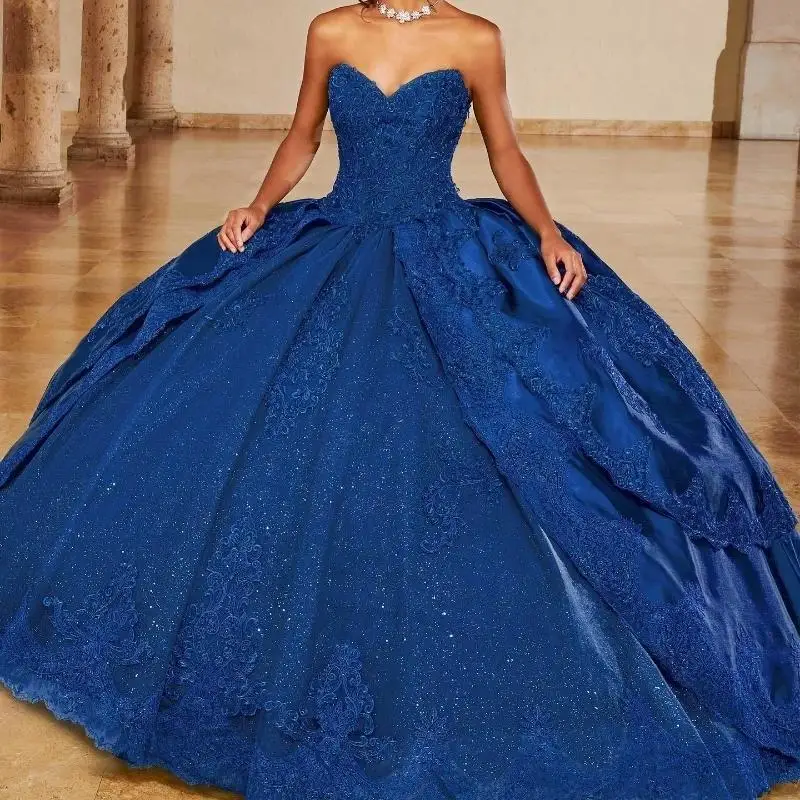 

Luxury Navy Blue Shiny Quinceanera Dresses 2025 Vestidos De 15 Anos Off-Shoulder Applique Lace Beading Formal Princess Gown