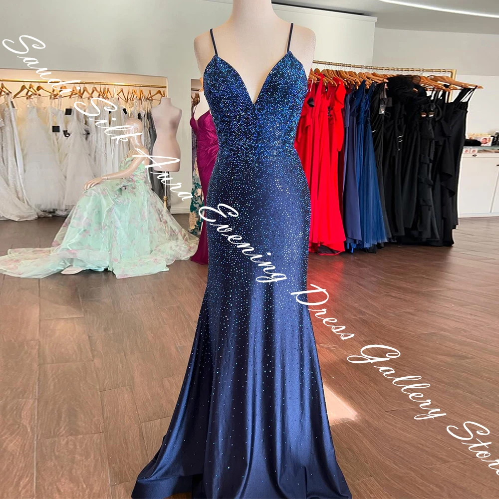 Sequin Sleeveless Spaghetti Straps V-Neck Floor Length Straight Evening Dress Panel Train Crystal Lace Up Back Temperament