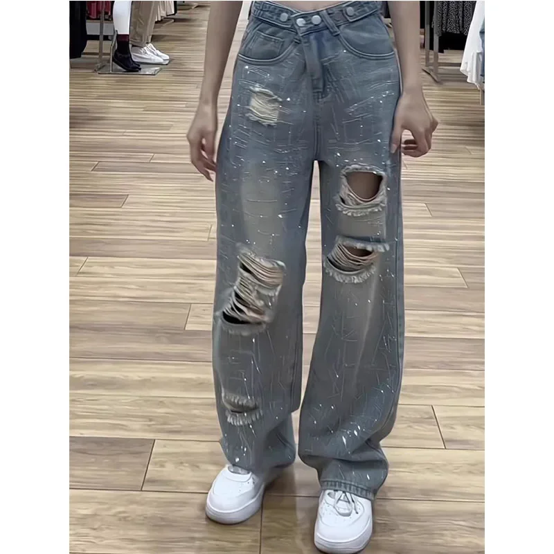 

2024 Hot Drill High Waist Ripped Jeans for Women Summer New Trousers Ins Fashion Brand Straight Loose Mop Wide-Leg Pants S-3XL