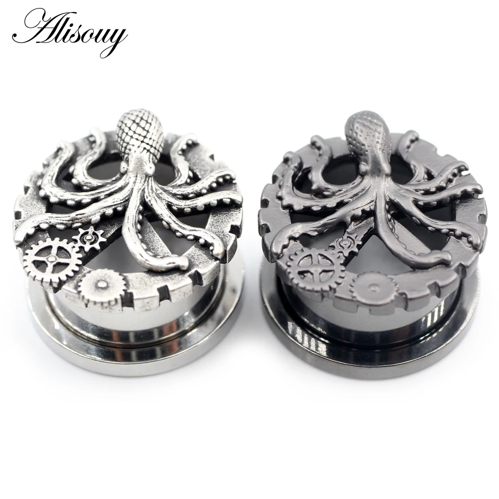 Alisouy 2PCS Stainless Steel Octopus Gear Screw Thread Ear Gauges Tunnels Plug Expander Stretcher Earrings Piercing Body Jewelry
