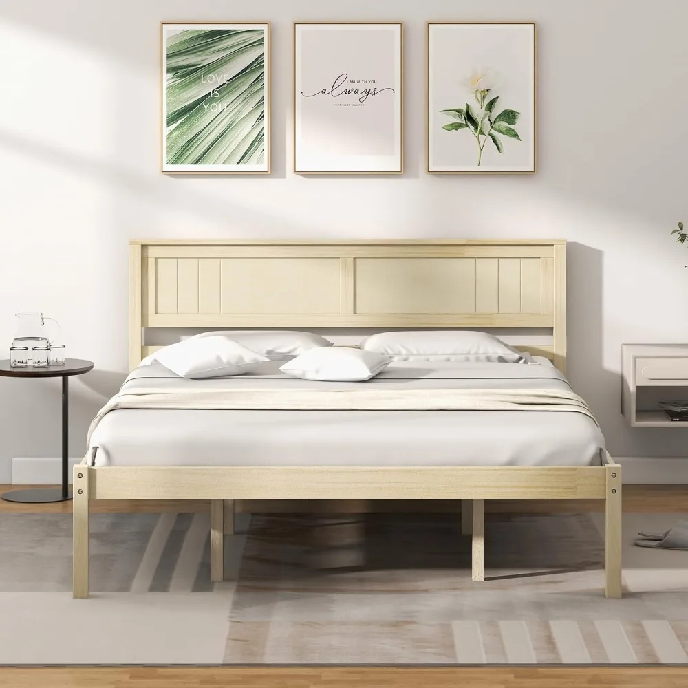 

Giantex Wood Queen Platform Bed with Headboard, Mid Century Solid Wood Bed Frame with Wood Slat Support, Wooden Mattress