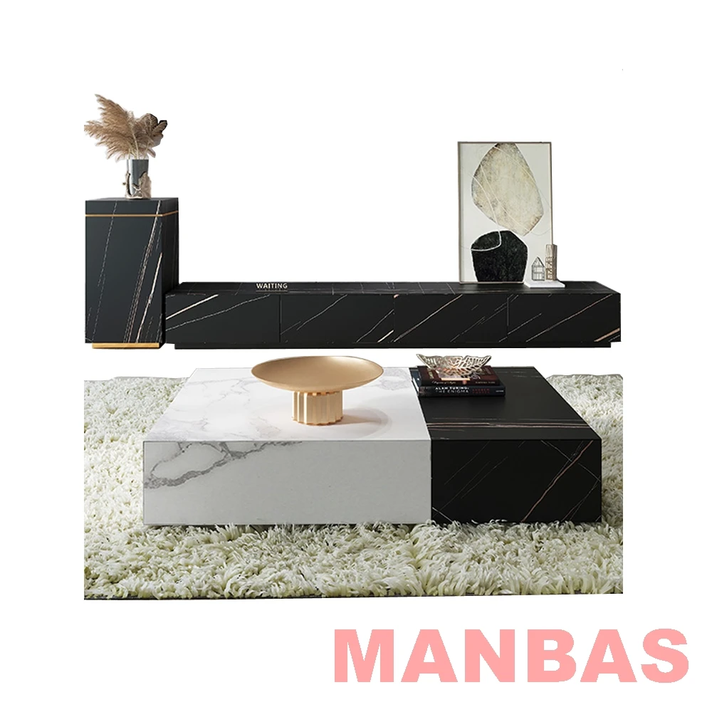 

MANBAS Nordic Sintered Stone Table Basse TV Stand Modern Rectangle Coffee Tables Tea Table with Stainless Steel Muebles De Salón