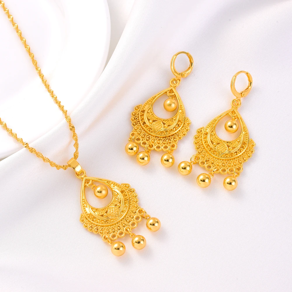 Ethnic Women Big Gold Color Dangle Africa Earrings Pendant Golden Braidal Jewellery Set