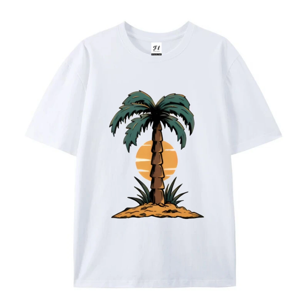 Sunset Palm Island Tee White T Shirt Tropical Tree Sunset Graphic Casual Loose Short Sleeved Vacation Style Comfortable Top
