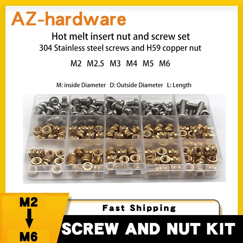 SL-type Double Twill Knurled Hot Melt Insert Nut And Screw Set 304 Stainless Steel Screw And Copper Thread Inlaid Nut Set