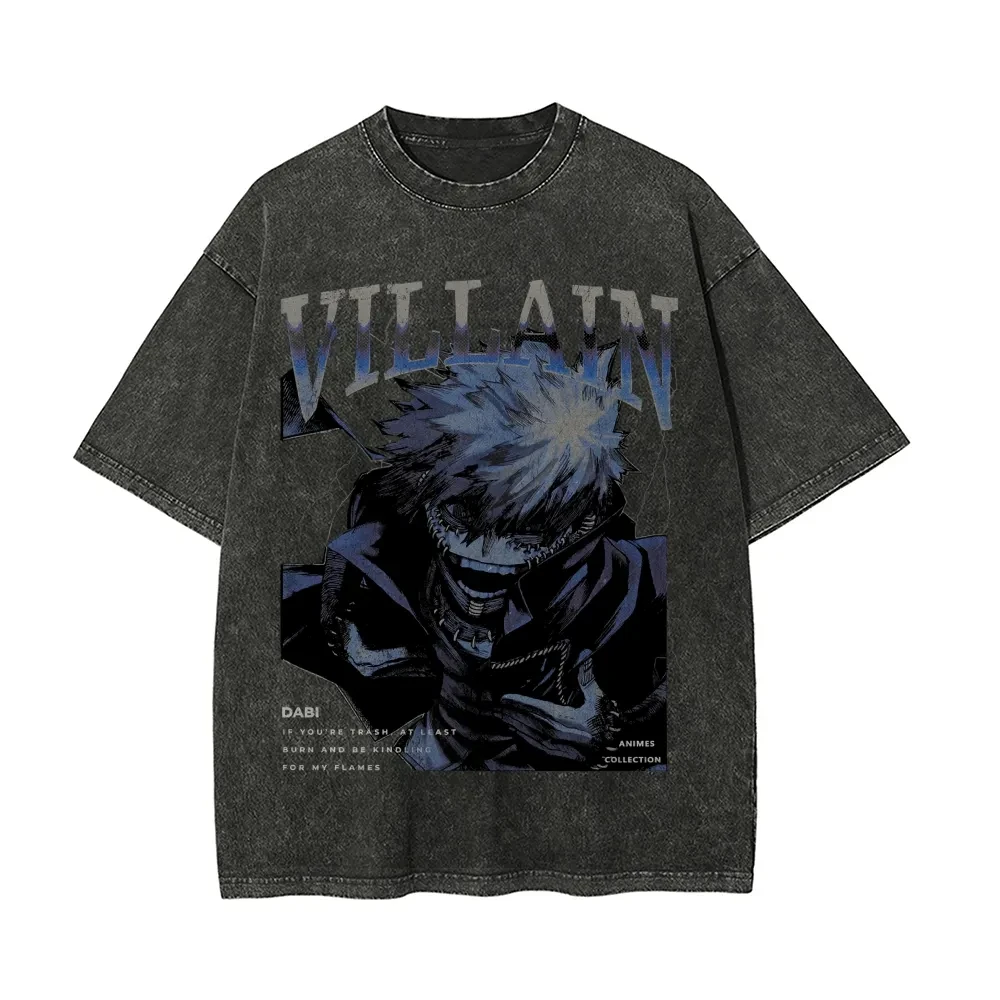 Dabi T-Shirt My Hero Academia Herren Acid Wash Anime-Bösewicht Grafik Baumwolle Streetwear Blaue Flamme Todoroki Vintage Oversized Tee