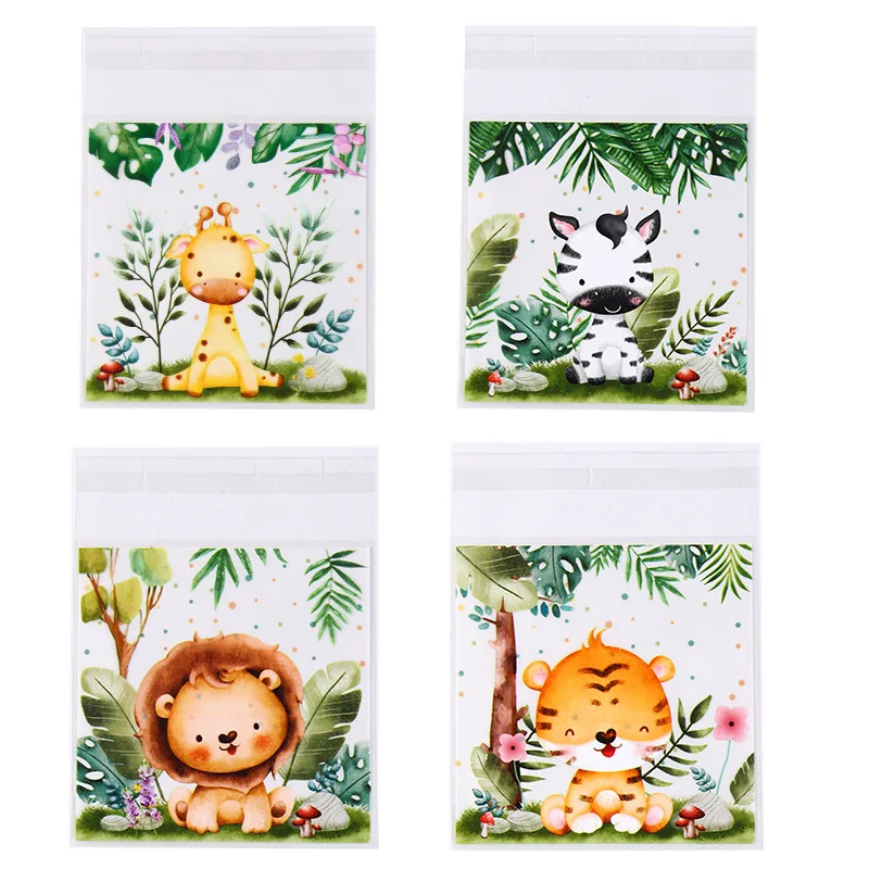 100pcs Jungle Animal Self Sealing Cookie Candy Bags Wild One Safari Theme Birthday Party Decor Kids Baby Shower Gift Packing Bag