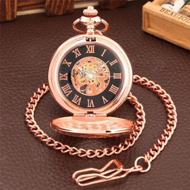 Vintage Rose Gold Roman Number Cover Men Women Handwinding Mechanical Pocket Watch Skeleton Dial with Pendant Fob Chain Gift